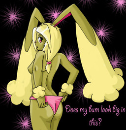 anthro anthrofied blonde_hair breasts butt english_text female fireworks hair hi_res lagomorph looking_at_viewer looking_back lopunny mammal nintendo panties pattern_background pink_eyes pink_panties pokémon ponytail shaded side_boob solo text topless twime777 underwear video_games
Rating: Questionable
Score: 3
User: Jatix
Date: March 10, 2014