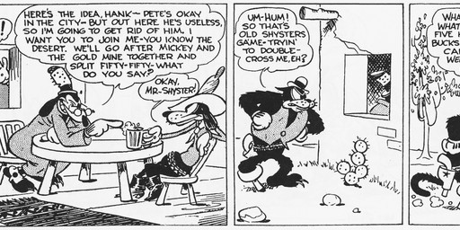 alcohol anthro beer beverage bottomwear bowler_hat cactus chair clothed clothing coat dialogue exclamation_point eyewear floppy_ears footwear fur furniture glasses gloves group gun handwear hat headgear headwear inside male outside pants pegleg plant question_mark ranged_weapon sitting standing table top_hat topwear tree weapon floyd_gottfredson hardie_gramatky disney public_domain mickey_mouse pegleg_pete pete_(disney) sylvester_shyster canid canine canis domestic_cat domestic_dog felid feline felis mammal 1930 20th_century absurd_res ancient_art black_and_white comic dated hi_res long_image monochrome signature wide_image