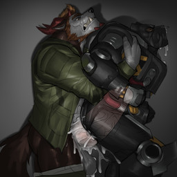 2_horns anal anal_penetration anthro anthro_on_anthro anthro_penetrated anthro_penetrating anthro_penetrating_anthro armor balaclava balls black_armor black_mask blonde_hair bodily_fluids bottomwear bottomwear_down breastplate brown_body brown_facial_hair brown_fur cable clenched_teeth clothed clothing countershade_torso countershading cuisse cum cum_in_ass cum_inside duo eyes_closed facial_hair facial_piercing facial_spikes foreskin fur gauntlets genital_fluids genitals gloves green_clothing green_jacket green_topwear grey_body grey_countershading grey_fur hair handwear head_spikes horn hydraulics jacket machine male male/male male_penetrated male_penetrating male_penetrating_male mask muscular muscular_anthro muscular_male nose_piercing nose_ring pants pants_down partially_clothed penetration penile penile_penetration penis penis_in_ass piercing power_armor red_eyes red_horn rerebrace ring_piercing septum_piercing septum_ring sex shadow sideburns spikes spikes_(anatomy) tail tan_body tan_fur teeth topwear tusks underwear underwear_down vambrace vein veiny_penis white_clothing white_underwear x-ray_view saberzelgrath mythology ethoras saber_zelgrath_(character) canid canid_demon canine demon felid hellhound mammal mythological_canine mythological_creature prehistoric_species saber-toothed_tiger 1:1 2025 absurd_res hi_res