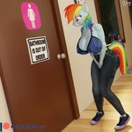 anthro big_breasts bodily_fluids bottomwear bra breasts cleavage clothed clothing denim denim_bottomwear denim_clothing female footwear jeans nipple_outline omorashi pants plantigrade shoes sneakers solo sweat text tight_clothing underwear quicktimepony friendship_is_magic hasbro my_little_pony rainbow_dash_(mlp) equid equine horse mammal pony 1:1 3d_(artwork) digital_media_(artwork) hi_res