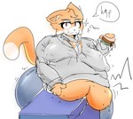 anthro big_butt big_moobs butt butt_from_the_front clothing dipstick_tail eating fur hoodie male markings moobs morbidly_obese nipple_outline obese obese_anthro obese_male orange_body orange_fur overweight overweight_anthro overweight_male solo sweatshirt tail tail_markings tight_clothing topwear white_body white_fur mirukiblue domestic_cat felid feline felis mammal hi_res