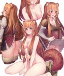 blush bottomwear breasts brown_body brown_fur brown_hair butt cleavage clothed clothing clothing_lift convenient_censorship female fur hair legwear looking_at_viewer looking_back nude skirt skirt_lift solo thigh_highs upskirt iwbitu the_rising_of_the_shield_hero raphtalia animal_humanoid canid canid_humanoid canine canine_humanoid humanoid mammal mammal_humanoid tanuki_humanoid digital_media_(artwork) hi_res