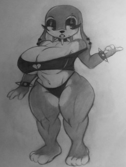 alternative_fashion anthro big_breasts bottomwear bracelet breasts buckteeth clothing female fur goth jewelry multicolored_body multicolored_fur navel solo spiked_bracelet spikes teeth two_tone_body two_tone_fur diabolik0 disney zootopia judy_hopps lagomorph leporid mammal rabbit 2024 3:4 absurd_res hi_res monochrome traditional_media_(artwork)