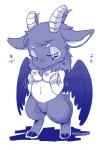 anthro breasts feathered_wings feathers female horn kemono nipples simple_background solo text wings mabo_(artist) baphomet_(deity) bovid caprine caprine_demon deity demon goat_demon mammal japanese_text monochrome