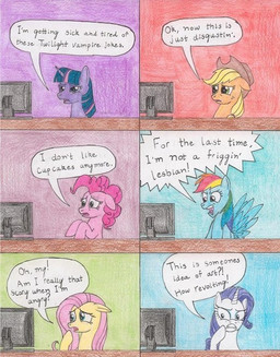 blue_body blue_feathers blue_fur clothing computer electronics feathered_wings feathers female feral fur group hair hat headgear headwear horn internet multicolored_hair purple_body purple_fur purple_hair rainbow_hair text two_tone_hair wings unknown_artist friendship_is_magic hasbro my_little_pony mythology applejack_(mlp) fluttershy_(mlp) pinkie_pie_(mlp) rainbow_dash_(mlp) rarity_(mlp) twilight_sparkle_(mlp) earth_pony equid equine horse mammal mythological_creature mythological_equine pegasus pony unicorn comic english_text