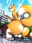 2019 3:4 5_toes absurd_res anthro backsack balls big_balls big_butt biped building bus butt canid canine car city claws commercial_vehicle crowd crushed_vehicle destruction detailed_background digital_media_(artwork) feet fluffy fluffy_tail fox fur genitals group hi_res kneeling laralila logan_grey looking_at_viewer macro male mammal motor_vehicle narrowed_eyes nude orange_body orange_fur outside public_transportation raised_tail rear_view side_cut soles solo_focus tail thick_thighs toe_claws toes vehicle vehicle_for_hire