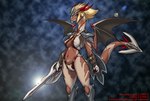 2003 anthro armor camel_toe clothed clothing dr_comet dragon female hi_res lens_flare long_neck melee_weapon membrane_(anatomy) membranous_wings mythological_creature mythological_scalie mythology nipple_outline red_eyes scalie shield skimpy solo sword tail thick_tail unconvincing_armor weapon wings