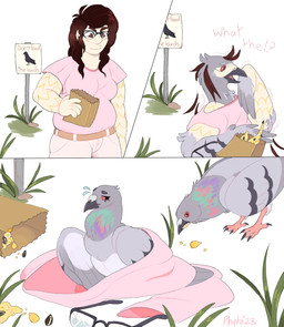 ambiguous_gender clothing duo eyewear female feral food glasses grass human_to_feral oversized_clothing plant seed shrinking sign simple_background size_transformation solo solo_focus species_transformation text transformation transformation_sequence white_background phytophile avian bird columbid human mammal pigeon rock_dove 2023 absurd_res digital_drawing_(artwork) digital_media_(artwork) english_text hi_res