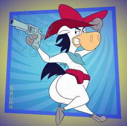 abstract_background anthro belt big_butt black_hair butt clothing cowboy cowboy_hat fur gun gun_spinning hair half-closed_eyes handgun hat headgear headwear holster looking_back male narrowed_eyes pear-shaped_figure pistol ranged_weapon scarf smug solo spurs tipping_hat walking weapon white_body white_fur wide_hips gavanzude hanna-barbera the_quick_draw_mcgraw_show quick_draw_mcgraw equid equine horse mammal alternate_version_at_paywall digital_drawing_(artwork) digital_media_(artwork) hi_res signature