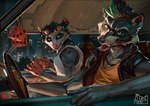 american_opossum anthro athletic athletic_anthro athletic_male black_body black_clothing black_fur black_hair black_nose black_topwear black_vest car car_interior city city_background clothing detailed_background duo facial_markings fur green_hair hair head_markings hi_res inside_car leather leather_clothing leather_topwear leather_vest male mammal markings marsupial motor_vehicle multicolored_body multicolored_fur multicolored_hair night orange_clothing orange_shirt orange_topwear piercing pink_nose procyon_(redsummer) procyonid raccoon redsummer shirt sleeveless_shirt tank_top tongue tongue_out tongue_piercing topwear two_tone_body two_tone_fur two_tone_hair v-neck vehicle vest white_body white_clothing white_fur white_shirt white_sleeveless_shirt white_topwear wire wiring