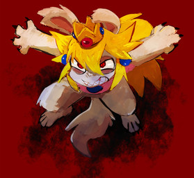 4_fingers 4_toes anthro bangs bared_teeth black_claws blonde_hair blue_ear_piercing bottomless bottomless_anthro bottomless_female brown_eyelids claws clothed clothed_anthro clothed_female clothing ear_piercing feet female female_anthro fingers fluffy fluffy_tail fur furrowed_eyebrows gem gums hair light long_hair noseless paws piercing pink_clothing pink_shirt pink_topwear pupils red_background red_eyes red_gums red_inner_ear ruby_(gem) sapphire_(gem) sharp_teeth shirt simple_background slit_pupils solo straight_arms tail teeth toes topwear white_body white_fur white_tail linca-wolfdragon mario_bros mario_plus_rabbids_kingdom_battle nintendo raving_rabbids rayman_(series) ubisoft rabbid_peach canid canine canis hybrid lagomorph mammal rabbid wolf 2024 colored crossover digital_drawing_(artwork) digital_media_(artwork) english_description hi_res lighting shaded
