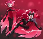 abstract_background anthro biped cape clothing duo glistening latex male open_mouth open_smile red_cape red_clothing simple_background smile helixjack hollow_knight team_cherry grimm_(hollow_knight) nightmare_king_grimm_(hollow_knight) arthropod 2022 absurd_res alternate_version_at_source digital_media_(artwork) hi_res