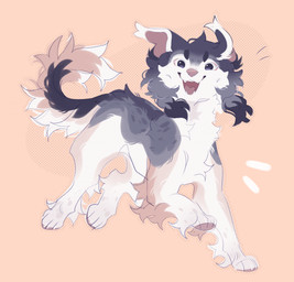 black_eyes eyelashes fangs female feral fur happy looking_at_viewer multicolored_body multicolored_fur open_mouth open_smile pawpads paws pink_nose quadruped running simple_background smile solo tail teeth white_eyelashes shiones canid canine canis domestic_dog mammal 2025 colored digital_drawing_(artwork) digital_media_(artwork) flat_colors hi_res