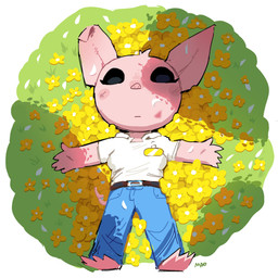 anthro belt black_eyes bottomwear clothing denim denim_bottomwear denim_clothing female flower flower_bed jeans lying on_back outside pants pink_body pink_skin plant solo lilmoonie oinky_(lilmoonie) domestic_pig mammal suid suine sus_(pig) 1:1 2026 absurd_res hi_res