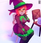 blush cake chair clothed clothing dessert dress female food furniture hair hat headgear headwear looking_at_viewer magic_user simple_background sitting solo tongue tongue_out witch witch_hat shan3ng arlene_edevane domestic_cat felid feline felis humanoid mammal absurd_res hi_res