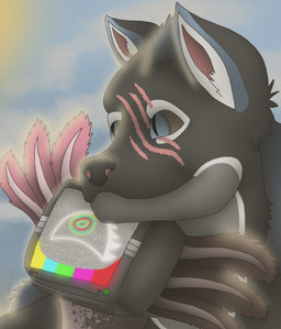 anthro black_body black_fur black_sclera blue_body blue_eyes blue_fur duo electronics external_gills eye_scar facial_scar for_a_head fur gills grey_body grey_fur male northern_tundra_dragon pink_scar pupils scar screen screen_face slit_pupils television wolfthorn_9 unknown_artist wolfthorn object_head screen_head tv_head digital_drawing_(artwork) digital_media_(artwork) hi_res shaded soft_shading