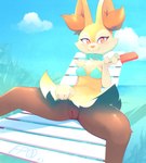 anthro bedroom_eyes blush clothing cloud collar female female_anthro food genitals happy holding_food holding_object holding_popsicle humanoid_genitalia humanoid_pussy looking_at_viewer narrowed_eyes outside popsicle pussy seductive solo spread_legs spreading b-epon nintendo pokemon braixen generation_6_pokemon pokemon_(species) 2023 digital_media_(artwork) hi_res