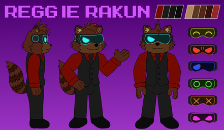 accessory anthro brown_body brown_fur clothing footwear fur highlights_(coloring) male markings necktie ring_(marking) ringed_tail shoes striped_markings striped_tail stripes suit tail tail_markings topwear vest visor visor_eyes reggie_rakun reggie_rakun_(character) mammal procyonid raccoon 2025 absurd_res hi_res model_sheet