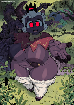 anthro areola big_breasts biped blood bodily_fluids breasts curvy_figure detailed_background eyelashes featureless_crotch female genital_fluids gore holding_object holding_weapon huge_breasts looking_at_viewer nipple_piercing nipples nude outside piercing pupils red_eyes smile solo standing text thick_thighs vaginal_fluids voluptuous weapon wide_hips toto_draw cult_of_the_lamb massive_monster_(studio) lamb_(cult_of_the_lamb) bovid caprine mammal sheep absurd_res hi_res url