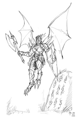 2_horns 2_toes 5_fingers armor axe belt breasts clothed clothed_female clothed_humanoid clothing coat_of_arms digitigrade feet female fingers flying fully_clothed fully_clothed_female fully_clothed_humanoid grass headgear helmet horn medium_breasts membrane_(anatomy) membranous_wings not_furry plant runestone shield shoulder_pads solo spiked_armor spiked_helmet spikes toes wings falkirth sacred_(video_game) sacred_(video_game_series) thq_nordic daemon_(sacred) demon humanoid 2023 absurd_res black_and_white dated digital_media_(artwork) hi_res monochrome signature sketch