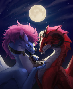 box container duo female feral full_moon gift gift_box jewelry male moon night ququshkas mythology iristhereddragon_(irisiriska) dragon mythological_creature mythological_scalie scalie absurd_res hi_res