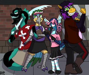 anthro apode beak book boots bottomwear breasts claws clothed clothing detailed_background fangs feathers female footwear front_view group legless looking_at_viewer outside pants serpentine shirt shoes skirt smile standing tail teeth topwear rhp mythology faymin_(rhpenguin) avian bird draconcopode dragon elapid_(snake) macaw mythological_creature mythological_scalie naga neotropical_parrot parrot reptile scalie sea_serpent sea_snake snake snake_naga true_parrot 2025 absurd_res cel_shading digital_drawing_(artwork) digital_media_(artwork) hi_res shaded