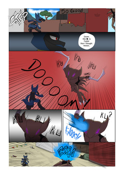 6_panel_comic anthro attack battle biped black_text blue_body blue_fire blue_fur blue_tail brown_body claws cloud colored_fire day dialogue ellipsis fire fur male motion_lines outside plant pose purple_eyes question_mark red_eyes sky solo sound_effects speech_bubble tail text tree white_sclera novaarts nintendo pokemon pokemon_mystery_dungeon spike_chunsoft lu_(novaarts) arthropod canid canine fossil_pokemon generation_1_pokemon generation_4_pokemon kabutops mammal pokemon_(species) riolu 2025 absurd_res comic digital_media_(artwork) english_text hi_res japanese_text