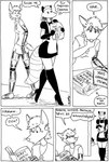 anthro black_and_white boots bottomwear breasts canid canine canis clothing comic cybernetics cyborg duo ear_piercing ear_ring english_text eyeshadow female footwear fox fur hair hi_res high_heeled_boots high_heels humor jackal liz_(tegerio) machine maid_uniform makeup male mammal monochrome piercing ring_piercing robot robota_(tegerio) shoes skirt tegerio text uniform