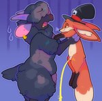 animal_genitalia anthro big_ears bodily_fluids clothing duo ear_piercing female feral genital_fluids genitals hair hair_over_eyes hat headgear headwear hooves inner_ear_fluff male male/female peeing piercing sheath slightly_chubby top_hat tuft urine dragonpatches meep_sheep sherman_fennec bovid canid canine caprine fennec_fox fox mammal sheep true_fox absurd_res hi_res
