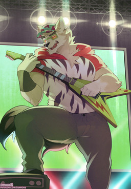 anthro clothed clothing concert concert_stage electric_guitar eyewear guitar headgear headwear male mascot muscular muscular_anthro muscular_male musical_instrument playing_guitar playing_music plucked_string_instrument rocking_out solo string_instrument sunglasses tail text dannon-5 old_spice wolfthorn_(old_spice) canid canine canis mammal wolf digital_media_(artwork) hi_res url