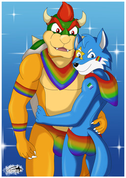 black_nose blue_body blue_eyes blue_fur blue_hair duo fur hair horn lgbt_pride male male/male multicolored_body pride_colors rainbow_pride_colors red_eyes red_hair scales simple_background white_body white_fur yellow_body yellow_scales ciel-wolf lgbt_pride_month mario_bros nintendo bowser canid canine canis koopa mammal reptile scalie turtle wolf