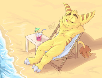 anthro beach beverage casual_nudity chair container cup feet flaccid foreskin fur furniture genitals hands_behind_head humanoid_genitalia humanoid_penis lying male nude nude_anthro nude_beach nude_male on_back outdoor_nudity outside partially_retracted_foreskin penis relaxing sand solo tail toes water roarey_raccoon ratchet_and_clank sony_corporation sony_interactive_entertainment ratchet_(ratchet_and_clank) lombax mammal absurd_res digital_media_(artwork) hi_res