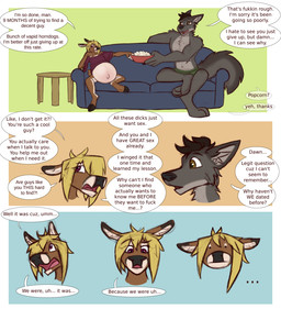 4_toes 5_fingers anthro barefoot belly big_belly black_hair blonde_hair breasts brown_body brown_eyes brown_fur clothed clothed_anthro clothed_female clothed_male clothing complaining dialogue duo feet female fingers food fur furniture grey_body grey_fur hair hindpaw hooves huge_belly humanoid_hands hyper hyper_belly hyper_pregnancy male male/female multicolored_body multicolored_fur on_sofa open_mouth paws popcorn pregnant pregnant_anthro pregnant_female profanity purple_eyes rant realization sitting sitting_on_sofa size_difference sofa speech_bubble tail text toes tongue topless topless_anthro topless_male two_tone_body two_tone_fur white_body white_fur dansharkman dawn_(dansharkman) dusk_(dansharkman) canid canine canis deer mammal wolf comic english_text hi_res