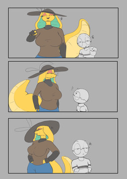 anthro big_breasts big_hat big_tail breasts clothing disgust duo female hat headgear headwear laugh looking_at_another male male/female mocking monochrome_body orange_body scales simple_background size_difference smile snake_hood tail white_body yellow_eyes young yairo unamused_friend_comic_(meme) ethan_(yairo) raquel_(yairo) cobra human mammal reptile scalie snake absurd_res comic digital_media_(artwork) hi_res meme