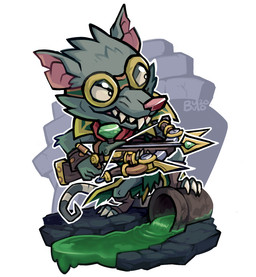 anthro arrow_(weapon) bandage bandaged_tail boots bottomwear buckteeth claws clothing eyewear fangs footwear fur goggles green_body green_fur handwear holding_object holding_weapon loincloth looking_offscreen male pipe ranged_weapon rat_tail sewer sharp_teeth shoes simple_background smile solo tail tail_wraps teeth toeless_footwear weapon white_background wraps buyo_(artist) league_of_legends riot_games tencent twitch_(lol) mammal murid murine rat rodent 2020