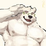 anthro belly eyebrows eyes_closed eyewear fur glasses hair head_turned male nipples pawpads smile solo thick_eyebrows white_body white_fur 3000vnd lifewonders tokyo_afterschool_summoners leib_(tas) bear mammal polar_bear ursine 1:1