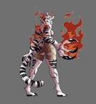 anthro bandage bandaged_chest big_claws black_stripes blue_eyes claws curved_claws digitigrade elemental_manipulation female fire fire_manipulation frown fur looking_at_viewer muscular muscular_anthro muscular_female scar scars_all_over sharp_teeth solo striped_body striped_fur stripes tan_shi_(my_brave_pony_starfleet_magic) teeth toe_claws white_body white_fur macopi felid mammal pantherine tiger absurd_res hi_res story story_in_description