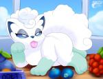 belue_berry berry eyeshadow female feral food fruit makeup odett_(makoto177) oran_berry plant pokemon_berry razz_berry slightly_chubby solo teasing tongue tongue_out makoto177 nintendo pokemon alolan_form alolan_vulpix generation_7_pokemon pokemon_(species) regional_form_(pokemon) 2019 digital_media_(artwork) hi_res