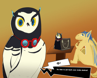 ambiguous_gender blue_eyes dialogue_box eyewear fake_screencap goggles handbag looking_at_viewer male male/ambiguous simple_background speech_bubble white_body yellow_body sayeth atlus megami_tensei mythology persona_(series) persona_5 sega lufel sayeth_aether avian bird dragon mythological_creature mythological_scalie owl scalie 5:4 shaded simple_shading