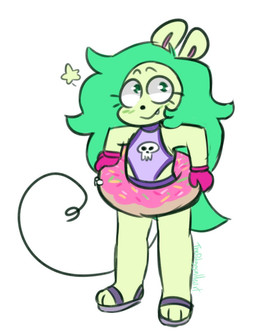 anthro clothed clothing dessert doughnut female food footwear fur gloves green_body green_eyes green_fur green_hair hair handwear inflatable pastry pool_float sandals shoes simple_background smile snaggle_tooth solo star swimwear villainous polygonheart cartoon_network ok_k.o.!_let's_be_heroes fink_(ok_k.o.!_lbh) mammal mouse murid murine rodent 2017 hi_res