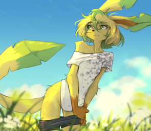 anthro biped bottomwear clothed clothed_anthro clothed_female clothing day female fingers front_view fur hair outside pants shirt sky smile solo standing tail topwear tinygaypirate nintendo pokemon eeveelution generation_4_pokemon leafeon pokemon_(species) 2026 absurd_res digital_drawing_(artwork) digital_media_(artwork) hi_res