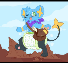 3_fingers 3_toes 4_toes ambiguous_gender anthro bag black_body black_fur black_tail blue_body blue_fur book cheek_tuft claws clean_diaper clothed clothing cloud cute_fangs detailed_background diaper diaper_puff error eyewear facial_tuft fangs feet fingers fur glasses gloves_(marking) green_eyes hiking kerchief map markings multicolored_body multicolored_fur neckerchief neckwear on_one_leg one_eye_closed open_mouth open_smile pawpads pink_pawpads purple_kerchief purple_neckerchief rock sky skyscape smile solo standing star_tail tail teeth toes tuft walking wearing_diaper wearing_glasses yellow_body yellow_fur yellow_inner_ear jupiters nintendo pokemon spark_swiftpaw generation_4_pokemon pokemon_(species) shinx hi_res letterbox