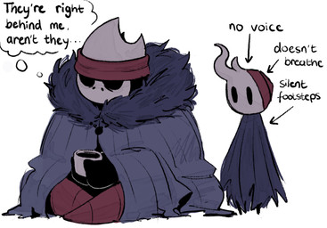 accessory ambiguous_gender bandage bandaged_head beverage black_eyes button_(fastener) cloak clothing coffee coffee_mug duo fluffy fluffy_clothing grey_cloak grey_clothing headband male oro_(hollow_knight) sitting sitting_cross-legged standing text thought_bubble unknown_artist hollow_knight_(franchise) team_cherry broken_vessel_(hollow_knight) arthropod beetle insect rhinoceros_beetle scarabaeid vessel_(species) english_text