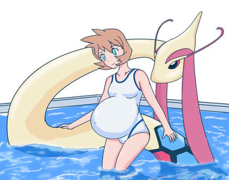 blue_eyes breasts brown_hair clothing duo female feral gym_leader hair pregnant serpentine swimwear water mac-nova nintendo pokemon misty_(pokemon) pokemon_trainer generation_3_pokemon human mammal milotic pokemon_(species) source_request