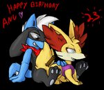 bottomless clothed clothing duo hair half-closed_eyes narrowed_eyes on_lap scarf sitting_on_lap white_hair atomicmeta nintendo pokemon shadow-anubis fan_character redwin_blazeson canid canine canis domestic_dog fennekin fox generation_4_pokemon generation_6_pokemon mammal pokemon_(species) riolu alpha_channel