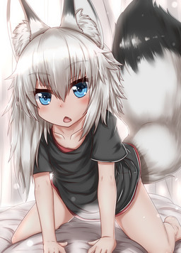 5_fingers bed black_body black_fur blue_eyes blush clothing cute_fangs dipstick_ears dipstick_tail ear_markings fangs female female_humanoid fingers fur furniture grey_body grey_fur grey_hair hair inner_ear_fluff kneeling looking_at_viewer markings multicolored_ears multicolored_tail on_bed open_mouth shirt solo straddling t-shirt tail tail_markings teeth topwear tuft young young_female young_humanoid horokusa0519 kohaku_(horokusa) animal_humanoid canid canid_humanoid canine canine_humanoid fox_humanoid humanoid mammal mammal_humanoid 2019 digital_media_(artwork) hi_res
