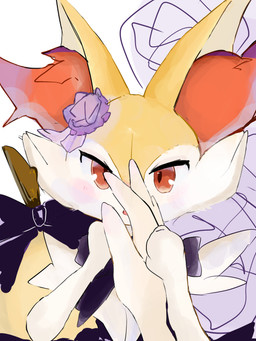 :o accessory ambiguous_anthro ambiguous_gender ambiguous_human anthro biped blush bow_ribbon cute_fangs duo fangs first_person_view flower flower_in_hair front_view hair hair_accessory hand_holding human_pov looking_at_viewer object_in_tail official_alternate_costume open_mouth plant simple_background solo_focus stick stick_in_tail tail teeth zen_(koko) nintendo pokemon pokemon_cafe_remix braixen canid generation_6_pokemon human mammal pokemon_(species) 2023 3:4 digital_drawing_(artwork) digital_media_(artwork) hi_res unavailable_at_source