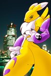 3_fingers anthro armwear bridal_gauntlets butt city cityscape clothing dipstick_ears ear_markings female fingers fur green_eyes looking_at_viewer multicolored_ears night solo tail thick_thighs tomoe_(symbol) tuft white_body white_fur yellow_body yellow_fur yin_yang 魔天狼 bandai_namco digimon canid digimon_(species) mammal renamon 2009