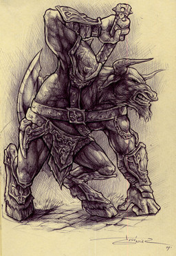angry axe bottomwear clothing facial_piercing horn loincloth male melee_weapon nose_piercing nose_ring piercing ring_piercing septum_piercing solo weapon garciar european_mythology greek_mythology mythology bovid bovine mammal minotaur