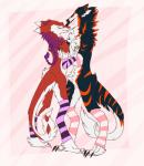 anthro black_body black_fur blush braided_hair clothing duo ear_piercing fur hair kissing legwear long_hair long_tail male male/male piercing purple_hair red_body red_fur simple_background smile stockings tail white_body white_fur prideful-demon azaly kazuhiro_yasei mammal sergal absurd_res digital_media_(artwork) hi_res